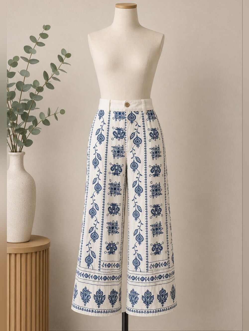 Joie Womens 4 White Linen Blend Embroidered Pants Blue Floral Coastal Boho